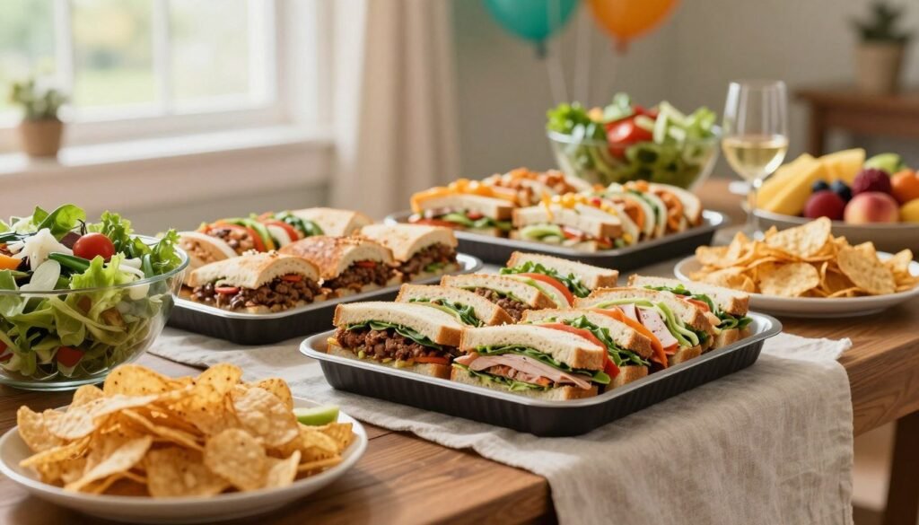 A beautifully arranged spread of Subway party trays, featuring a colorful assortment of sandwiches including meatball marinara, turkey, veggie delight, and classic Italian, each cut into bite-sized portions. Surrounding the trays, a variety of side options like crisp, fresh salads, crunchy chips, and vibrant fruit platters are neatly displayed. The foreground captures a wooden table dressed with a light, neutral tablecloth, while the middle ground showcases the trays in an inviting, well-lit setting. The background features soft bokeh effects of blurred party decorations, suggesting a cheerful event atmosphere. Natural light streams in from a window, creating a warm and inviting glow, enhancing the appetizing display. The overall mood is festive and welcoming, perfect for a catering scene.
