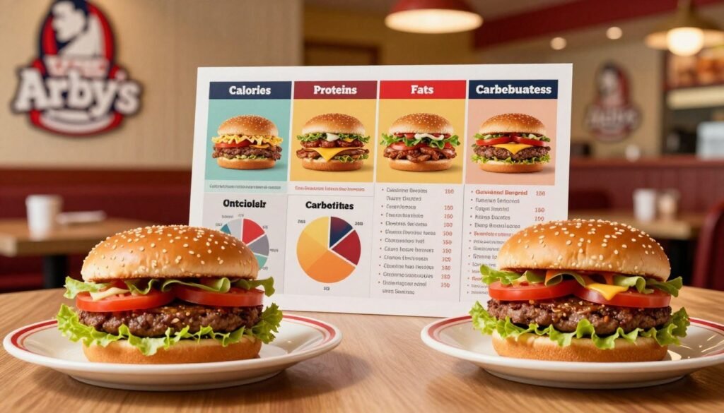 A beautifully arranged table showcasing Arby's burger nutritional information, featuring a vibrant, neatly designed infographic with colorful sections that highlight calories, fats, proteins, and carbohydrates for various burgers. In the foreground, include a stylized plate presenting an Arby's burger, garnished with fresh lettuce and tomatoes. The middle ground captures the infographic itself, designed with clear, easy-to-read layouts and visually appealing charts. In the background, a soft-focus of Arby's restaurant decor, emphasizing a warm and inviting atmosphere. Utilize warm lighting to create an inviting, appetizing mood, captured at a slight angle for dynamic composition, evoking a sense of flavor and satisfaction associated with dining at Arby's.