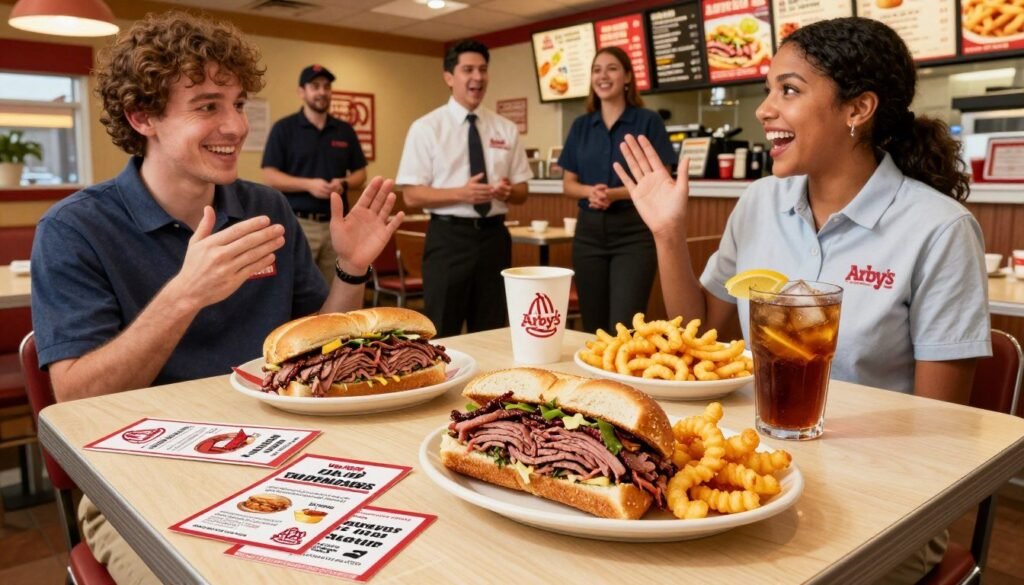 A dynamic view of an Arby's restaurant interior featuring a beautifully arranged table with a selection of delicious menu items on display. In the foreground, showcase a classic roast beef sandwich, crispy curly fries, and a refreshing drink in stylish glassware. Add coupons and promotional flyers artfully scattered around the table to evoke a sense of savings and deals. In the middle ground, depict friendly staff in professional uniforms, engaging with customers excitedly. The background presents a cozy and inviting restaurant atmosphere with warm lighting, soft wood accents, and vibrant menu boards. Use a bright, cheerful color palette to convey a sense of joy and anticipation. Capture the image from a slight overhead angle to provide a comprehensive view of the scene.