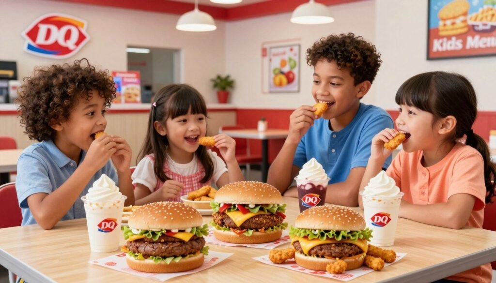 A vibrant and colorful display of Dairy Queen's Kids Menu items in a friendly fast food setting, positioned in the foreground. Include visually appealing menu items like mini burgers, chicken strips, and ice cream sundaes, arranged attractively on a wooden table. In the middle ground, showcase a cheerful family of diverse children enjoying their meals, wearing casual, playful clothing, smiling and interacting. The background should depict a bright and inviting Dairy Queen restaurant interior, with iconic branding and cheerful decor, diffused lighting creating a warm and welcoming atmosphere. The overall mood should be fun and engaging, capturing the essence of family dining and the excitement of kids enjoying tasty fast food. A vibrant and colorful display of Dairy Queen's Kids Menu items in a friendly fast food setting, positioned in the foreground. Include visually appealing menu items like mini burgers, chicken strips, and ice cream sundaes, arranged attractively on a wooden table. In the middle ground, showcase a cheerful family of diverse children enjoying their meals, wearing casual, playful clothing, smiling and interacting. The background should depict a bright and inviting Dairy Queen restaurant interior, with iconic branding and cheerful decor, diffused lighting creating a warm and welcoming atmosphere. The overall mood should be fun and engaging, capturing the essence of family dining and the excitement of kids enjoying tasty fast food.