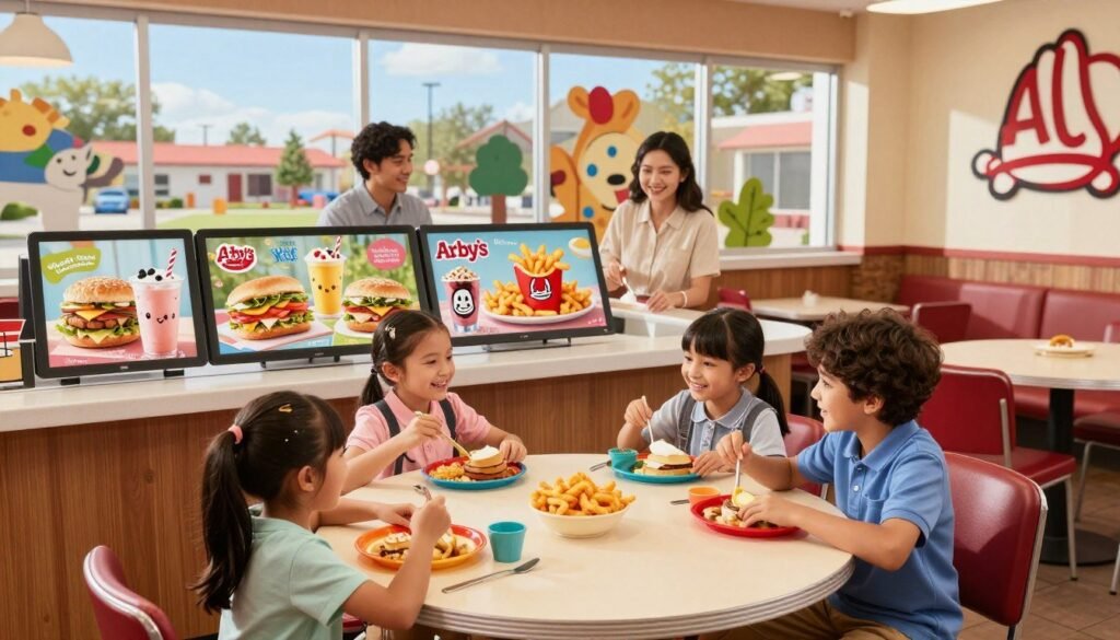 A vibrant and inviting Arby's family-friendly restaurant interior, showcasing a clean, bright atmosphere suitable for children and families. In the foreground, a cheerful family of four is enjoying their meals at a round table, with children happily interacting while holding colorful kid-sized meals. In the middle, the counter displays the appetizing Arby’s kids menu items, emphasizing a variety of fun and healthy options like small sandwiches, curly fries, and milkshakes. In the background, large windows reveal a sunny day outside, with playful decor that includes playful animal illustrations and friendly colors. The lighting is warm and welcoming, creating a cheerful mood. The scene is captured with a slightly elevated angle, simulating a family perspective, making viewers feel immersed in the joyful dining experience.