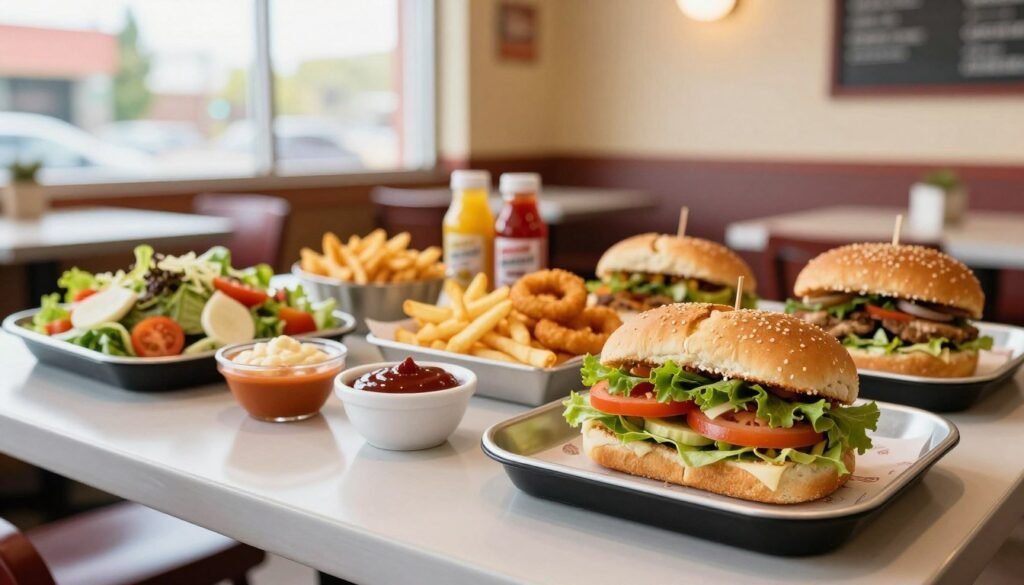 A vibrant and well-organized display of gluten-free options at a fast-food restaurant, featuring an array of colorful salads, gluten-free buns, and delicious sides like crispy fries and onion rings. In the foreground, a tantalizing gluten-free sandwich garnished with fresh ingredients stands out, set on a clean, modern dining table. The middle ground includes a selection of gluten-free sauces and condiments elegantly arranged in small bowls. In the background, you can see a bright and inviting restaurant atmosphere with cheerful decor, focusing on a welcoming vibe. Natural light filters gently through large windows, creating a warm, appetizing glow. The overall mood is healthy and inclusive, catering to diners with gluten sensitivities while maintaining a casual dining experience.