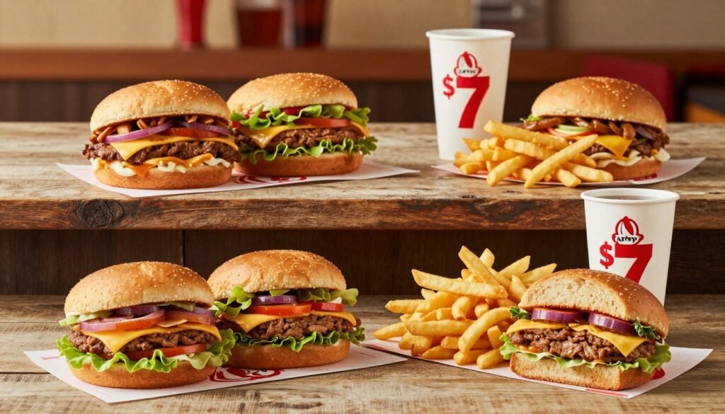 A vibrant comparison of Arby's 2 for $7 menu items displayed on a wooden table. In the foreground, two Arby's sandwiches, crispy fries, and a small drink are artfully arranged, showcasing their textures and colors. The middle layer features a rustic wooden table with a subtle grain that enhances the focus on the food. In the background, a few other fast-food items from different restaurants are faintly visible, emphasizing the comparison without overshadowing the Arby's offerings. Soft, warm lighting casts a cozy atmosphere, inviting viewers to imagine the flavors. The composition is shot from a slight overhead angle to capture the details of both Arby’s items and the surrounding products, creating an inviting mood that appeals to fast-food lovers.