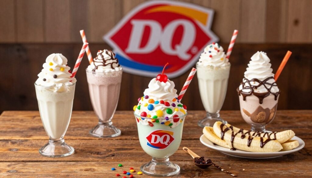 A vibrant, enticing display of Dairy Queen secret menu ice cream treats set on a rustic wooden table. In the foreground, a colorful assortment of unique sundaes, including a Blizzard with bright candy pieces, topped with whipped cream and cherry, alongside a classic banana split drizzled with chocolate syrup. In the middle ground, a couple of creative milkshakes in retro glasses, showcasing a mix of flavors with colorful straws. The background features the Dairy Queen logo subtly blurred. Soft, warm lighting creates an inviting ambiance, enhancing the creamy textures and vibrant colors of the treats. The image should evoke a fun, nostalgic atmosphere, reminiscent of summer, capturing the hidden delights that await eager customers.