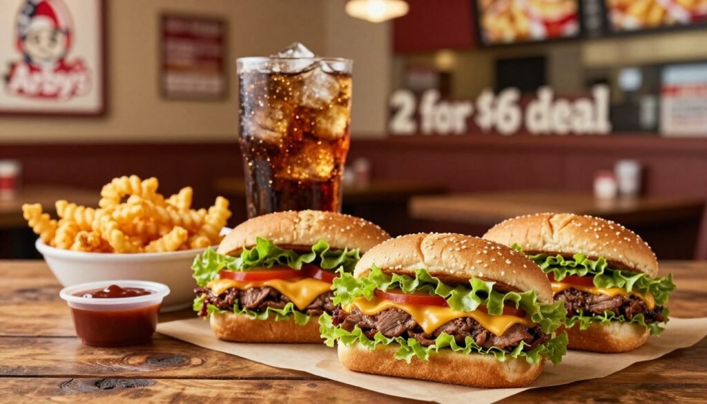 A visually appealing display of Arby's iconic "2 for $6 deal." In the foreground, two delicious sandwiches rest on a rustic wooden table, surrounded by a bowl of crispy curly fries and a small container of dipping sauce. The sandwiches feature a vibrant mix of fresh lettuce, juicy meats, and melted cheese, showcasing their mouthwatering appeal. In the middle ground, a soft drink with ice sparkles under warm lighting, reflecting a cozy fast-food atmosphere. The background includes a glimpse of an Arby’s restaurant interior, creating a welcoming and casual dining mood. The scene is captured with a shallow depth of field, accentuating the food while creating a warm, inviting ambiance, perfect for enticing diners to take advantage of this delicious deal.