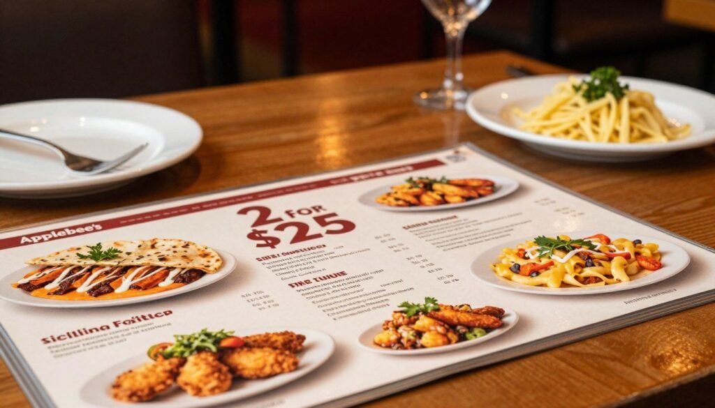 A beautifully arranged Applebee's menu spread across a wooden table, featuring a vibrant 2 for $25 deal prominently displayed. The menu showcases appetizing images of signature dishes like sizzling fajitas, crispy chicken tenders, and flavorful pasta, each with their prices clearly visible. In the foreground, a pair of forks and plates hint at a sharing experience. Soft, warm lighting illuminates the delicious food, creating an inviting atmosphere. The background features a cozy, blurred setting reminiscent of an Applebee's restaurant, with subtle hints of décor that enhance the dining experience. The composition emphasizes a sense of value and enjoyment, making the viewer feel motivated to consider the deal. A beautifully arranged Applebee's menu spread across a wooden table, featuring a vibrant 2 for $25 deal prominently displayed. The menu showcases appetizing images of signature dishes like sizzling fajitas, crispy chicken tenders, and flavorful pasta, each with their prices clearly visible. In the foreground, a pair of forks and plates hint at a sharing experience. Soft, warm lighting illuminates the delicious food, creating an inviting atmosphere. The background features a cozy, blurred setting reminiscent of an Applebee's restaurant, with subtle hints of décor that enhance the dining experience. The composition emphasizes a sense of value and enjoyment, making the viewer feel motivated to consider the deal.