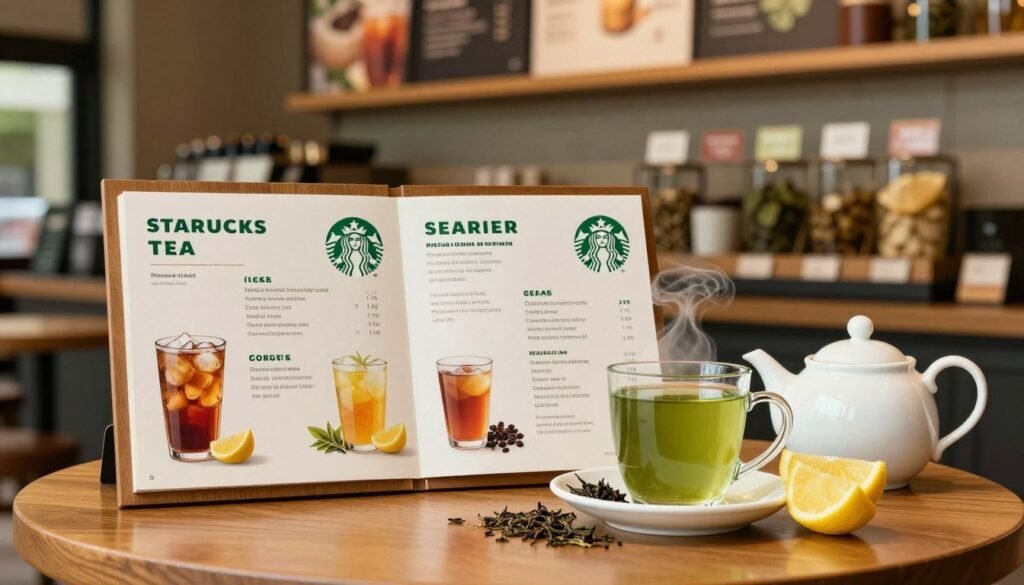 A beautifully arranged Starbucks tea menu displayed on a wooden café table, showcasing a variety of tea options such as refreshing iced teas, vibrant herbal blends, and classic hot teas. In the foreground, a steaming mug of matcha green tea, surrounded by loose tea leaves and a few lemon wedges, invitingly placed next to an elegant teapot. The middle ground features the Starbucks logo subtly incorporated into the menu design, with vibrant colors and elegant fonts highlighting tea names and descriptions. The background includes a softly blurred cafe ambiance with warm lighting, elegant wooden shelves filled with tea accessories, and herbal displays. The mood is relaxing and inviting, capturing the essence of a cozy tea experience. Emphasize natural lighting with a soft glow that enhances the tranquility of the setting.