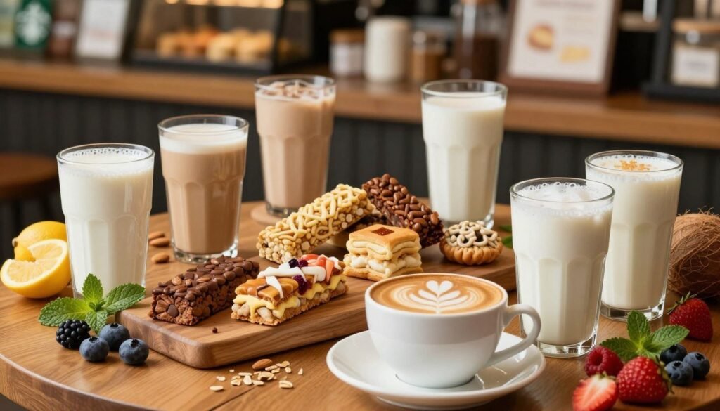 A beautifully arranged display of dairy-free options, featuring a variety of plant-based beverages, including almond milk lattes, oat milk cappuccinos, and coconut milk smoothies. In the foreground, a well-crafted latte art in a cup, surrounded by vibrant, fresh fruits like berries and a sprig of mint. The middle layer showcases a selection of colorful dairy-free snack options such as energy bars and pastries on a wooden table, highlighting their textures and intricate details. The background features a softly blurred Starbucks counter, with warm, inviting lighting creating a cozy atmosphere. The scene captures an inviting, healthy lifestyle vibe, aiming to represent the diversity and appeal of dairy-free items. Shot with a shallow depth of field to focus on the foreground elements. A beautifully arranged display of dairy-free options, featuring a variety of plant-based beverages, including almond milk lattes, oat milk cappuccinos, and coconut milk smoothies. In the foreground, a well-crafted latte art in a cup, surrounded by vibrant, fresh fruits like berries and a sprig of mint. The middle layer showcases a selection of colorful dairy-free snack options such as energy bars and pastries on a wooden table, highlighting their textures and intricate details. The background features a softly blurred Starbucks counter, with warm, inviting lighting creating a cozy atmosphere. The scene captures an inviting, healthy lifestyle vibe, aiming to represent the diversity and appeal of dairy-free items. Shot with a shallow depth of field to focus on the foreground elements.