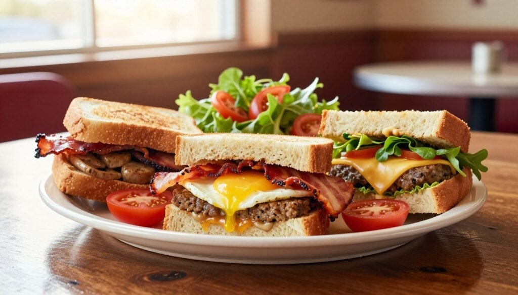 A beautifully arranged plate featuring Applebee's breakfast sandwiches, with a variety of options including a classic egg and bacon sandwich, a delicious sausage and cheese sandwich, and a veggie-packed option. Each sandwich is presented on a rustic wooden table, garnished with fresh greens and colorful slices of tomatoes. In the background, soft morning light filters through a window, creating a warm and inviting atmosphere. The focus is sharp on the sandwiches, while the background has a slight blur to emphasize the dishes. A cozy diner setting with light reflections enhancing the delicious textures of the sandwiches, reflecting a cheerful and vibrant breakfast experience. The image conveys a sense of comfort and morning indulgence, perfect for a bright start to the day.