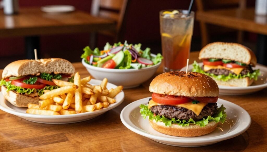 A beautifully arranged table featuring an array of Applebee's dinner options, focusing on handcrafted burgers and sandwiches. In the foreground, display a juicy burger stacked high with lettuce, tomato, cheese, and a perfectly toasted bun, alongside a plate of crispy French fries. A sandwich filled with fresh ingredients peeks next to it, garnished with parsley. In the middle ground, set a vibrant salad and a refreshing drink, capturing the essence of a casual dining experience. The background showcases a softly lit, inviting restaurant ambiance, with warm wooden tones and subtle decorative elements. Use warm, natural lighting to evoke a cozy, friendly atmosphere, shot from a slight overhead angle to capture the delicious details of each dish.