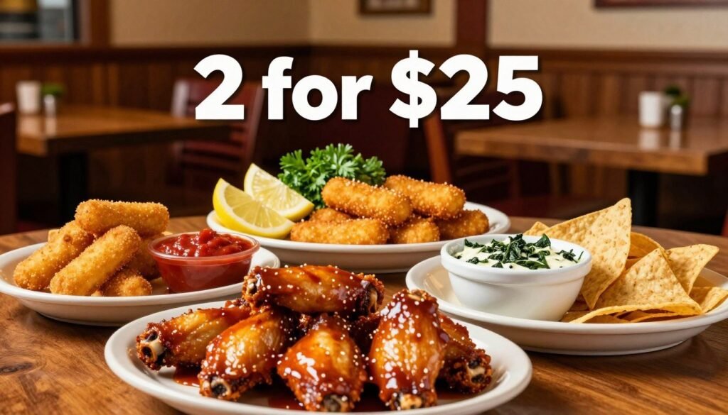 A beautifully arranged table featuring an enticing selection of Applebee's limited time menu appetizers for the "2 for $25" special. In the foreground, showcase crispy boneless wings glazed in a rich buffalo sauce, golden mozzarella sticks with a side of marinara, and savory spinach and artichoke dip served with warm tortilla chips. The middle layer presents vibrant garnishes, such as fresh parsley and slices of lemon, enhancing the appeal. In the background, a softly lit Applebee's restaurant ambiance with warm wood tones and cozy booths creates a welcoming atmosphere. The lighting should be warm and inviting, reminiscent of a casual dining experience, with a shallow depth of field focusing on the appetizers. The overall mood is appetizing and friendly, appealing to families and friends dining together. A beautifully arranged table featuring an enticing selection of Applebee's limited time menu appetizers for the "2 for $25" special. In the foreground, showcase crispy boneless wings glazed in a rich buffalo sauce, golden mozzarella sticks with a side of marinara, and savory spinach and artichoke dip served with warm tortilla chips. The middle layer presents vibrant garnishes, such as fresh parsley and slices of lemon, enhancing the appeal. In the background, a softly lit Applebee's restaurant ambiance with warm wood tones and cozy booths creates a welcoming atmosphere. The lighting should be warm and inviting, reminiscent of a casual dining experience, with a shallow depth of field focusing on the appetizers. The overall mood is appetizing and friendly, appealing to families and friends dining together.