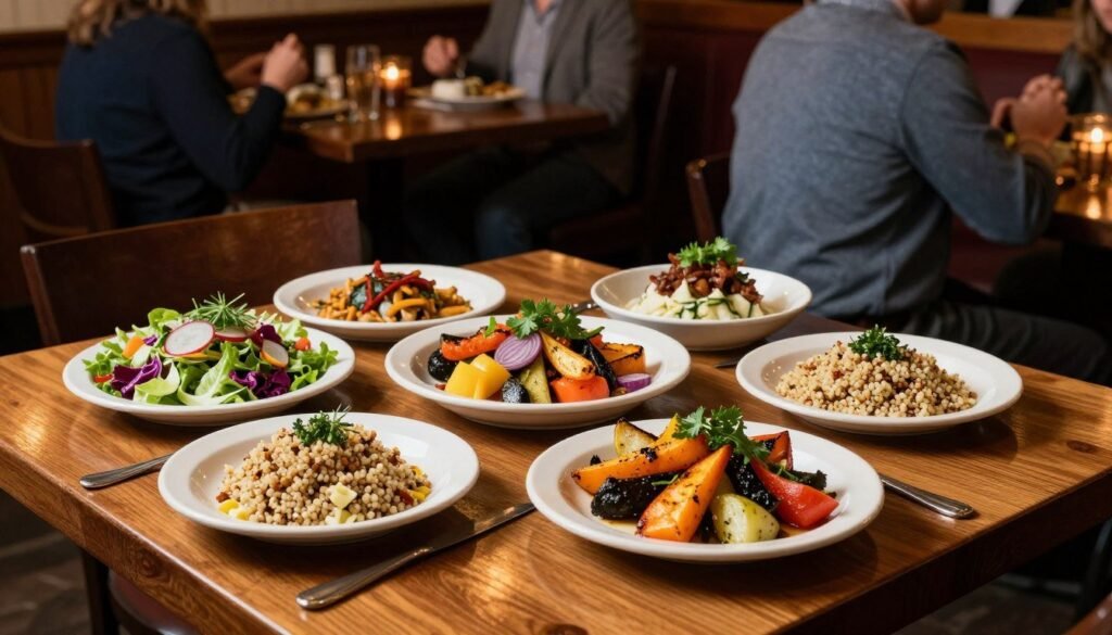 A beautifully arranged table set in a warm, inviting Applebee's restaurant ambiance. In the foreground, a polished wooden table displays a colorful array of side dishes that support nutritional goals, featuring a vibrant garden salad, roasted seasonal vegetables, and a portion of quinoa. The dishes are styled tastefully with fresh herbs garnishing each plate. In the middle ground, soft lighting accentuates the food and the inviting atmosphere, while patrons in the background interact casually, dressed in smart casual attire. The scene captures a cozy dining experience, evoking a sense of health-focused enjoyment. The image is taken from a slightly elevated angle, allowing for a clear view of the table's spread while creating depth in the restaurant's warm tones.