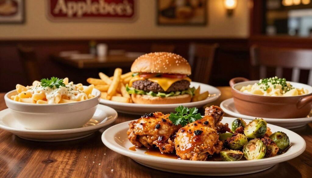 A beautifully arranged table showcasing Applebee's main course selections, featuring a variety of delectable dishes. In the foreground, a sizzling plate of Bourbon Street Chicken, garnished with fresh parsley, and a generous portion of crispy Brussels sprouts. Beside it, a rich and creamy three-cheese penne served in a stylish bowl. In the middle ground, a vibrant display of a classic cheeseburger with a side of golden fries, plated elegantly. The background shows a cozy Applebee's restaurant interior, softly lit with warm lighting that creates an inviting atmosphere. The angle captures the essence of a dining experience, emphasizing the delicious, mouth-watering appeal of the food. The overall mood is lively yet relaxed, perfect for a casual gathering with friends.
