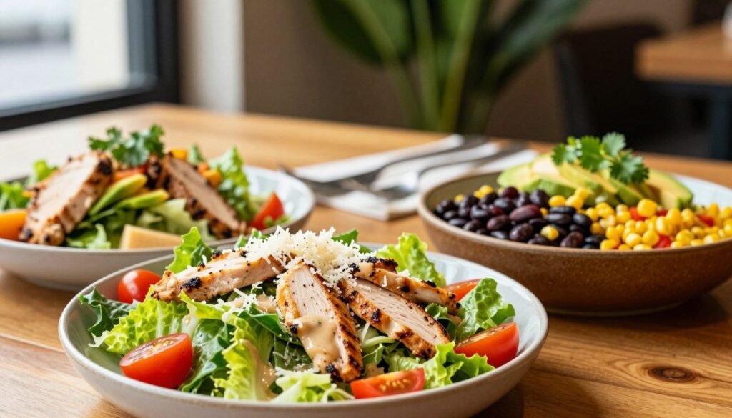 A beautifully arranged table showcasing a variety of gluten-free salads from Applebee's. In the foreground, a vibrant Caesar salad adorned with crisp romaine lettuce, grilled chicken slices, cherry tomatoes, and a sprinkle of Parmesan cheese, drizzled with a light gluten-free dressing. Beside it, a colorful southwest salad featuring black beans, corn, diced peppers, avocado, and a hint of cilantro, all set in a rustic bowl. In the middle ground, an elegant backdrop of wooden tabletops and soft green foliage. Natural sunlight filters in from nearby windows, creating a warm and inviting atmosphere. Capture the details of the salads' textures and freshness, using a shallow depth of field to emphasize the colorful ingredients, with a slight angle to give depth to the presentation. The mood should feel fresh, healthy, and appetizing.