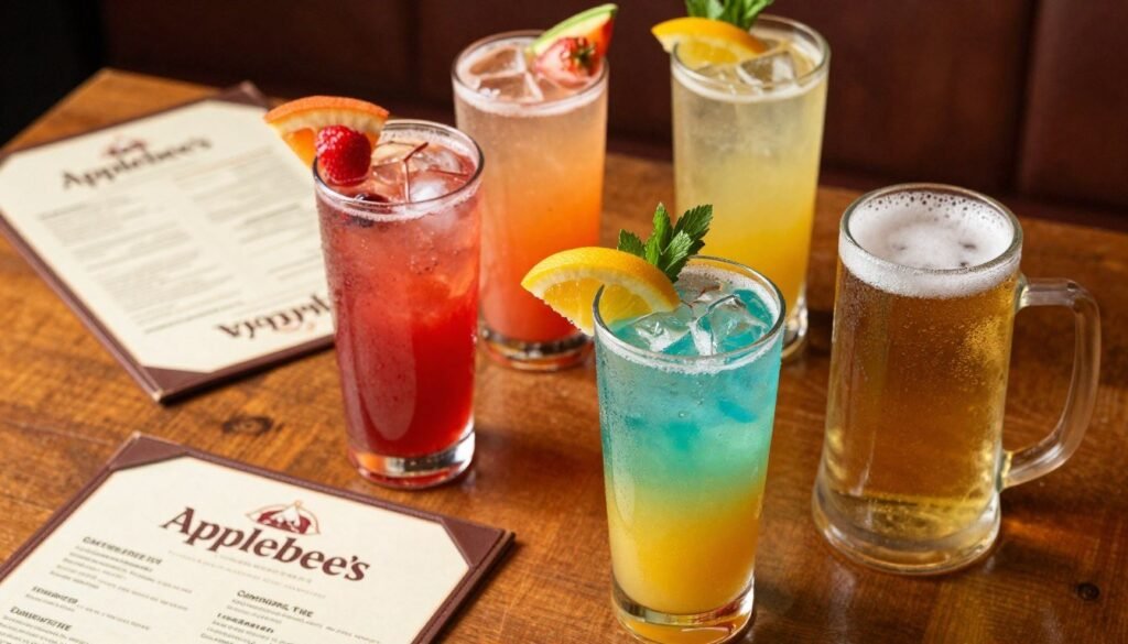 A beautifully arranged tabletop featuring a variety of Applebee's seasonal and limited-time alcoholic beverages. In the foreground, two tall glasses filled with vibrant, colorful cocktails garnished with fresh fruit and herbs, reflecting inviting summer hues. A frosty beer mug is positioned beside them, showing condensation droplets. In the middle ground, a wooden table provides a rustic feel, with a few cocktail menus slightly blurred, hinting at more drink options. In the background, warm lighting creates an inviting atmosphere, perhaps with a hint of Applebee's cozy interior decor. The overall mood is festive and cheerful, ideal for a casual dining experience. Capture a slight top-down angle to highlight the drinks elegantly, ensuring vibrant colors and textures stand out vividly. A beautifully arranged tabletop featuring a variety of Applebee's seasonal and limited-time alcoholic beverages. In the foreground, two tall glasses filled with vibrant, colorful cocktails garnished with fresh fruit and herbs, reflecting inviting summer hues. A frosty beer mug is positioned beside them, showing condensation droplets. In the middle ground, a wooden table provides a rustic feel, with a few cocktail menus slightly blurred, hinting at more drink options. In the background, warm lighting creates an inviting atmosphere, perhaps with a hint of Applebee's cozy interior decor. The overall mood is festive and cheerful, ideal for a casual dining experience. Capture a slight top-down angle to highlight the drinks elegantly, ensuring vibrant colors and textures stand out vividly.