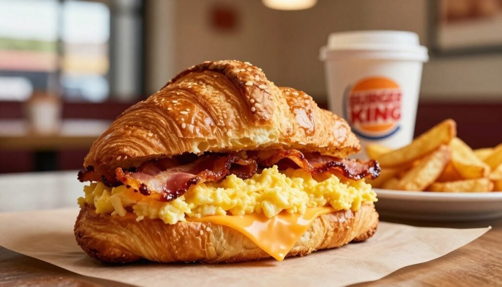 A beautifully crafted Burger King Croissan'wich prominently displayed in the foreground, showcasing layers of flaky, golden-brown croissant bread. The sandwich is filled with a fluffy scrambled egg, crispy bacon, and a slice of melted cheddar cheese, all glistening with freshness. The middle ground features a softly focused cup of coffee and a side of hash browns, enhancing the breakfast theme. In the background, a warm, inviting restaurant setting with soft, natural lighting streaming through large windows, casting a cozy glow over the scene. The angle captures the sandwich from a slightly elevated perspective, emphasizing its delicious layers. The mood is inviting and appetizing, perfect for breakfast lovers.