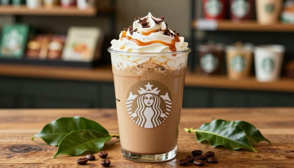 A close-up image of a Starbucks Frappuccino in a tall, transparent cup filled with a rich, creamy blend. The right portion of the glass showcases layers of whipped cream topped with a drizzle of caramel sauce and chocolate shavings, capturing the indulgent texture. Surround the glass with vibrant green coffee leaves and scattered coffee beans on a rustic wooden table to enhance the coffeehouse vibe. Illuminate the scene with soft, natural lighting to create a warm and inviting atmosphere, while the background features blurred shelves filled with Starbucks merchandise and food items, hinting at the café environment. Aim for a shallow depth of field to keep the focus on the frappuccino, creating an enticing and mouth-watering visual.