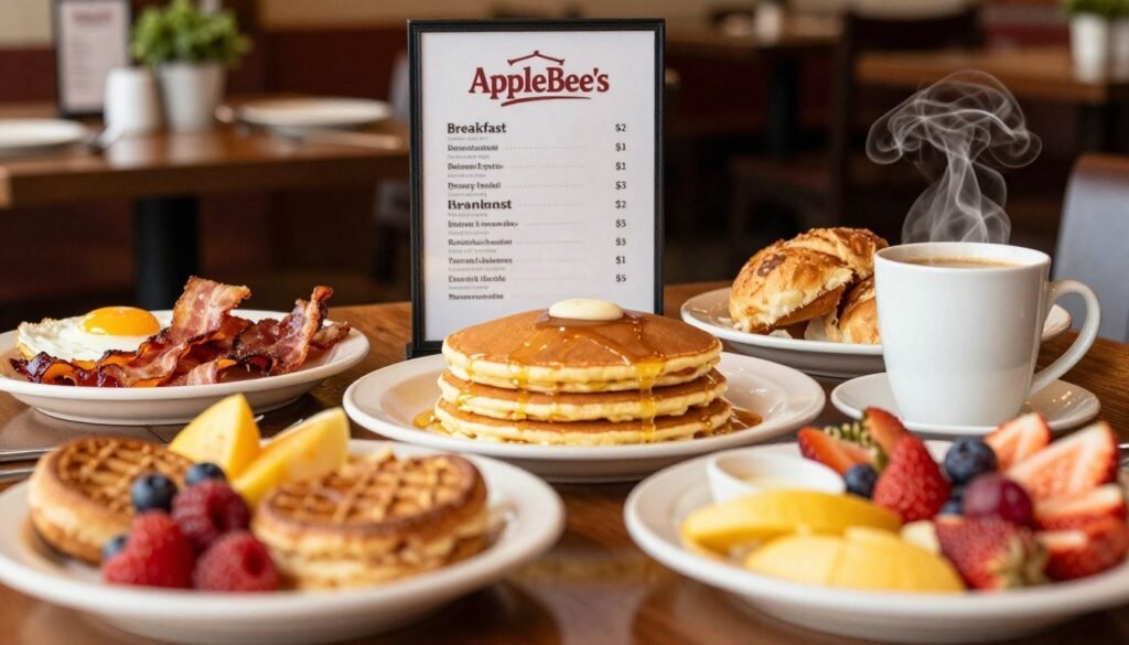 A close-up view of an inviting Applebee's breakfast spread, featuring a beautifully arranged table with various breakfast dishes such as fluffy pancakes, crispy bacon, fresh fruit, and steaming coffee. In the foreground, there are plates showcasing the vibrant colors of the food, highlighting the appealing presentation. The middle ground features a menu card displaying breakfast prices in an elegant font, prominently showcasing the affordable options. The background hints at a cozy restaurant atmosphere with soft lighting, polished wooden tables, and subtle greenery. The overall mood is warm and welcoming, reflecting a perfect start to the day for casual diners. Use natural lighting to enhance the freshness of the breakfast items, with a slight tilt angle to add depth to the composition.