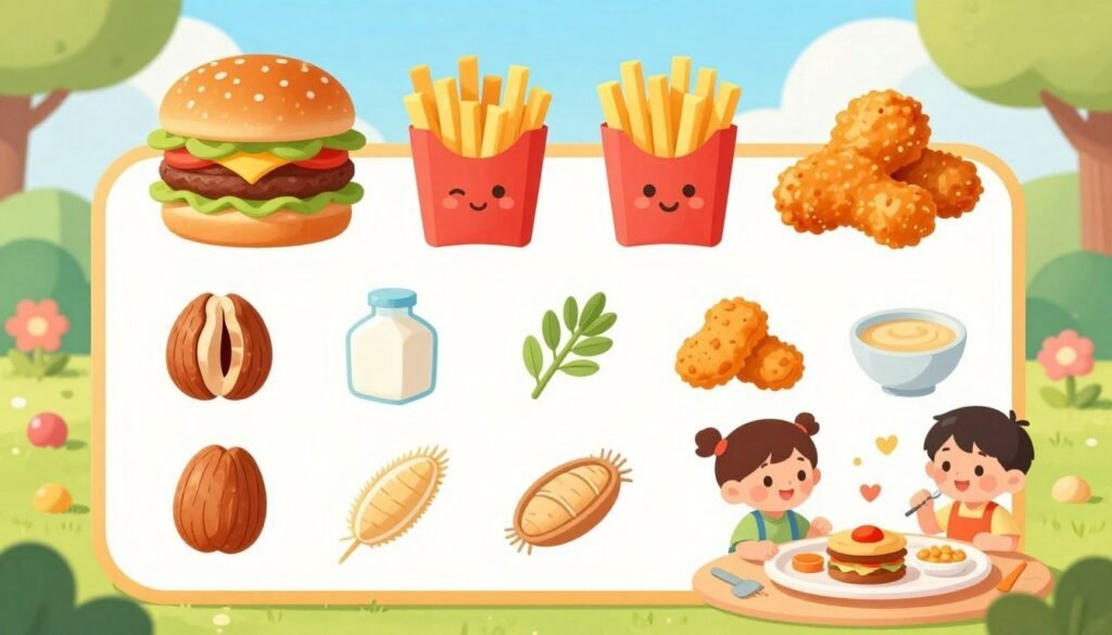 A colorful and engaging illustration of allergen information specifically designed for a kids' menu, featuring food items like burgers, fries, and chicken nuggets, displayed against a cheerful background. The foreground includes cute cartoon-style icons representing common allergens such as nuts, dairy, gluten, and soy, alongside friendly illustrations of kids happily enjoying the meals. In the middle, there’s a vibrant layout showcasing the allergen symbols in a child-friendly manner, encouraging awareness and safety. The background is filled with a sunny, playful landscape, creating an inviting atmosphere. The image is well-lit with soft, warm tones, capturing a joyful and safe dining environment, aiming to resonate with both parents and children. A colorful and engaging illustration of allergen information specifically designed for a kids' menu, featuring food items like burgers, fries, and chicken nuggets, displayed against a cheerful background. The foreground includes cute cartoon-style icons representing common allergens such as nuts, dairy, gluten, and soy, alongside friendly illustrations of kids happily enjoying the meals. In the middle, there’s a vibrant layout showcasing the allergen symbols in a child-friendly manner, encouraging awareness and safety. The background is filled with a sunny, playful landscape, creating an inviting atmosphere. The image is well-lit with soft, warm tones, capturing a joyful and safe dining environment, aiming to resonate with both parents and children.