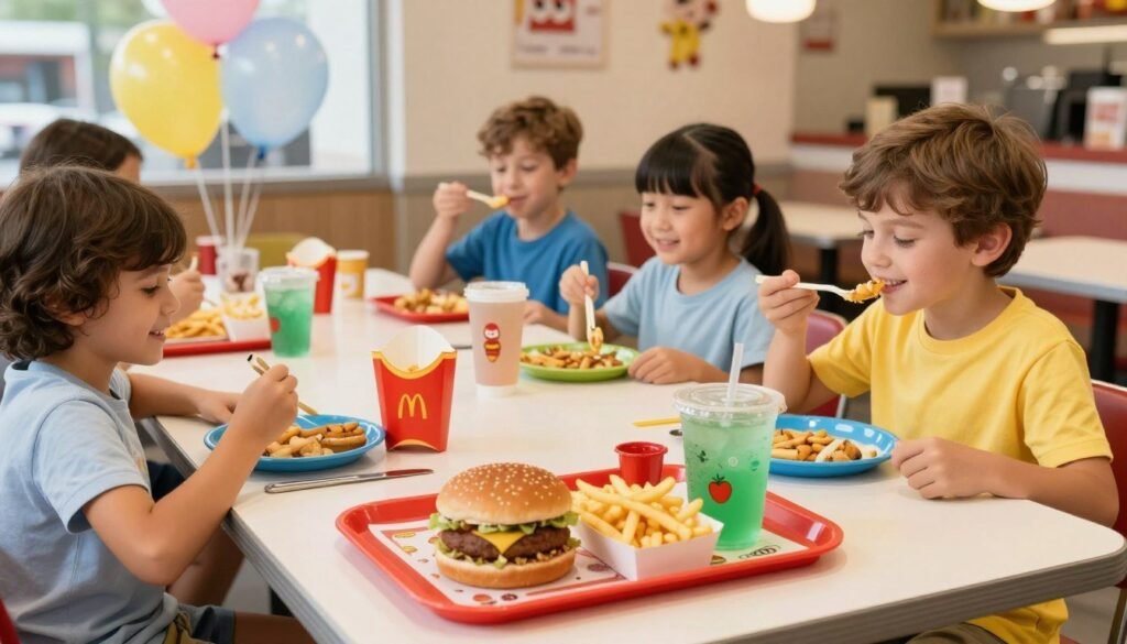 A colorful, inviting scene of a well-organized table featuring affordable kids' meals from a fast-food restaurant, specifically designed for young children. In the foreground, a vibrant tray holds a small burger, crispy fries, and a fun-sized drink, all styled with playful, child-friendly packaging. In the middle, smiling children are sitting, joyfully enjoying their meals in casual clothing, surrounded by cheerful decorations, like balloons and playful tableware. In the background, a calm and pleasant restaurant atmosphere, with bright lights reflecting off shiny surfaces, creating a warm, welcoming vibe. The composition is shot from a slightly elevated angle to capture the joyful expressions of the kids and the appeal of the meals, evoking a sense of affordability and delight in family dining. A colorful, inviting scene of a well-organized table featuring affordable kids' meals from a fast-food restaurant, specifically designed for young children. In the foreground, a vibrant tray holds a small burger, crispy fries, and a fun-sized drink, all styled with playful, child-friendly packaging. In the middle, smiling children are sitting, joyfully enjoying their meals in casual clothing, surrounded by cheerful decorations, like balloons and playful tableware. In the background, a calm and pleasant restaurant atmosphere, with bright lights reflecting off shiny surfaces, creating a warm, welcoming vibe. The composition is shot from a slightly elevated angle to capture the joyful expressions of the kids and the appeal of the meals, evoking a sense of affordability and delight in family dining.