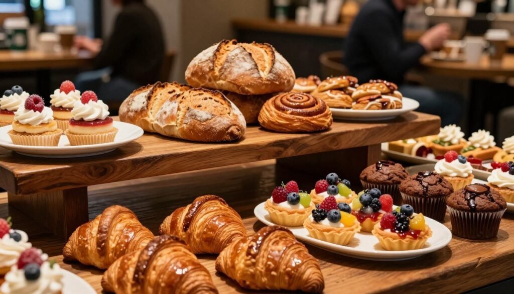 A cozy Starbucks bakery display featuring an enticing array of pastries and sweets. In the foreground, a beautifully arranged selection of flaky croissants, decadent chocolate muffins, and vibrant fruit tarts, glistening with fresh berries and glaze. In the middle, a rustic wooden table filled with artisanal bread rolls and cinnamon pastries, surrounded by delicate dessert plates. The background showcases the inviting interior of a Starbucks café, with warm lighting creating a welcoming atmosphere. Soft shadows add depth, while a slightly blurred view of coffee cups and patrons enjoying their morning delights enhances the scene. Capture the essence of morning indulgence and the comforting ambiance of a coffee shop. A cozy Starbucks bakery display featuring an enticing array of pastries and sweets. In the foreground, a beautifully arranged selection of flaky croissants, decadent chocolate muffins, and vibrant fruit tarts, glistening with fresh berries and glaze. In the middle, a rustic wooden table filled with artisanal bread rolls and cinnamon pastries, surrounded by delicate dessert plates. The background showcases the inviting interior of a Starbucks café, with warm lighting creating a welcoming atmosphere. Soft shadows add depth, while a slightly blurred view of coffee cups and patrons enjoying their morning delights enhances the scene. Capture the essence of morning indulgence and the comforting ambiance of a coffee shop.