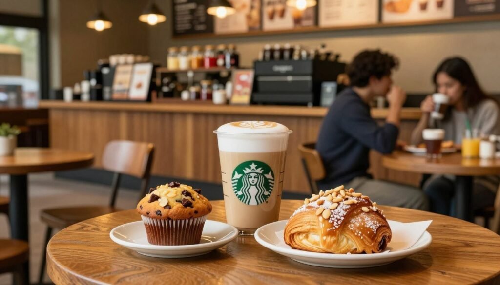 A cozy Starbucks café interior showcasing a table with a selection of nut-free food and beverages. In the foreground, a beautifully arranged display of a tall, creamy vanilla latte with foam art, paired with a delectable almond-free pastry such as a chocolate chip muffin and a fruit cup. In the middle, the warm ambiance of the café, featuring rustic wooden furniture, soft lighting, and patrons enjoying their drinks in modest casual clothing. The background reveals a vibrant coffee counter with jars of syrups and various coffee brewing equipment, all bathed in inviting golden hues from overhead lights. The overall mood is welcoming and friendly, perfect for highlighting safe choices for those with nut allergies. Focus on clear details and a soothing atmosphere that resonates with dietary awareness. A cozy Starbucks café interior showcasing a table with a selection of nut-free food and beverages. In the foreground, a beautifully arranged display of a tall, creamy vanilla latte with foam art, paired with a delectable almond-free pastry such as a chocolate chip muffin and a fruit cup. In the middle, the warm ambiance of the café, featuring rustic wooden furniture, soft lighting, and patrons enjoying their drinks in modest casual clothing. The background reveals a vibrant coffee counter with jars of syrups and various coffee brewing equipment, all bathed in inviting golden hues from overhead lights. The overall mood is welcoming and friendly, perfect for highlighting safe choices for those with nut allergies. Focus on clear details and a soothing atmosphere that resonates with dietary awareness.