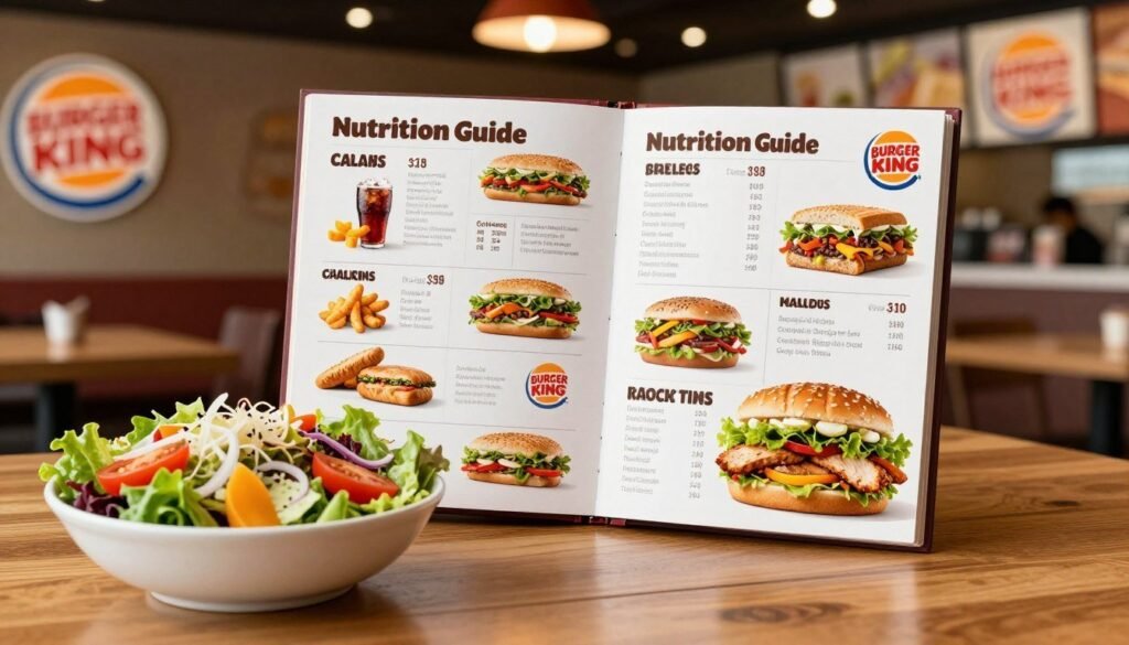 A detailed Burger King nutrition guide displayed prominently, showing a variety of healthy menu options. In the foreground, a colorful, vibrant salad with fresh vegetables and a grilled chicken sandwich, highlighting nutritious choices. The middle section features a sleek, open nutrition guide with sections on calorie counts and dietary information, laid on a wooden table for a natural look. In the background, a blurred Burger King restaurant interior with warm, inviting lighting creates an atmosphere of comfort and casual dining. The frame captures a professional setting, with soft focus and warm tones, suggesting a focus on healthy eating. The overall mood is informative and encouraging, perfect for highlighting special dietary needs at Burger King. A detailed Burger King nutrition guide displayed prominently, showing a variety of healthy menu options. In the foreground, a colorful, vibrant salad with fresh vegetables and a grilled chicken sandwich, highlighting nutritious choices. The middle section features a sleek, open nutrition guide with sections on calorie counts and dietary information, laid on a wooden table for a natural look. In the background, a blurred Burger King restaurant interior with warm, inviting lighting creates an atmosphere of comfort and casual dining. The frame captures a professional setting, with soft focus and warm tones, suggesting a focus on healthy eating. The overall mood is informative and encouraging, perfect for highlighting special dietary needs at Burger King.