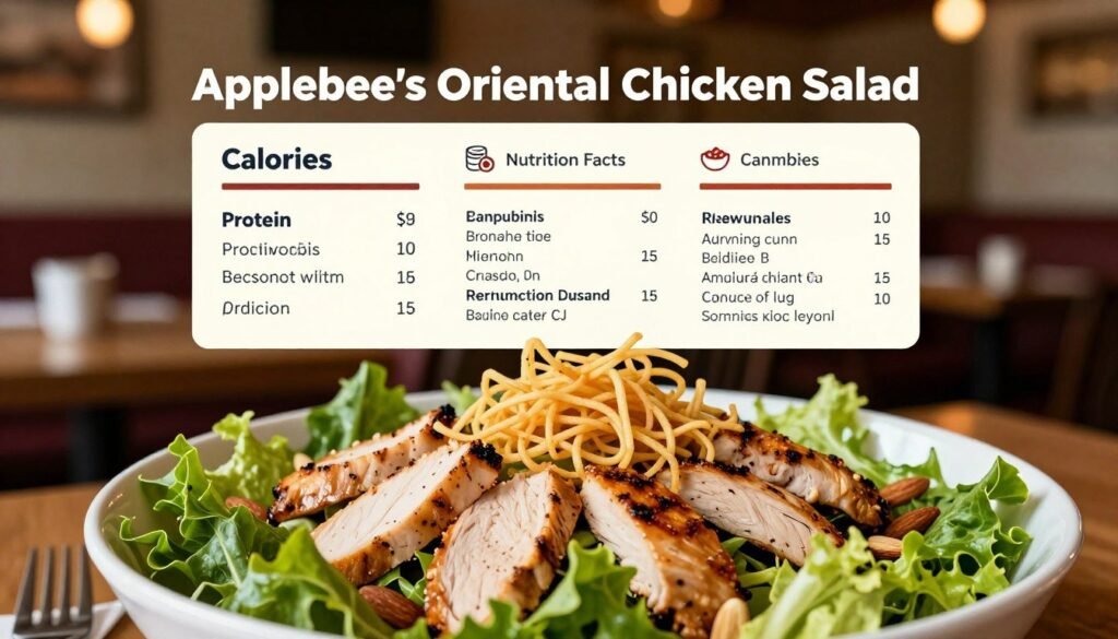 A detailed visualization of the nutritional information for Applebee's Oriental Chicken Salad, presented in an elegant and inviting format. In the foreground, display a vibrant bowl of the salad, featuring crunchy greens, sliced grilled chicken, crispy noodles, and almonds. The middle layer shows a stylish infographic detailing the nutrition facts, with sections for calories, protein, and key nutrients, designed with clear icons and a color palette that complements the salad's fresh colors. In the background, create an ambiance reminiscent of a cozy restaurant setting with soft, warm lighting creating a welcoming atmosphere. Use a slightly elevated angle to capture the enticing textures of the salad and the informative layout, evoking a sense of freshness and comfort.