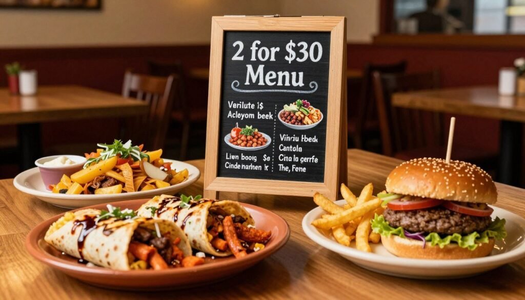 A vibrant and colorful tabletop scene featuring an inviting selection of dishes from Applebee's "2 for $30 Menu." In the foreground, a beautifully arranged meal includes two main dishes, such as a sizzling plate of fajitas and a classic burger, artfully presented on rustic plates. In the middle ground, a small, elegant chalkboard displays key highlights of the menu, emphasizing value with enticing visuals of the food. The background showcases a cozy Applebee's setting with warm, ambient lighting that creates a friendly atmosphere. The overall mood is delightful and appetite-inducing, suggesting a shared dining experience. Capture the image from a slightly elevated angle to enhance the delicious details and showcase the inviting ambiance without any people present.