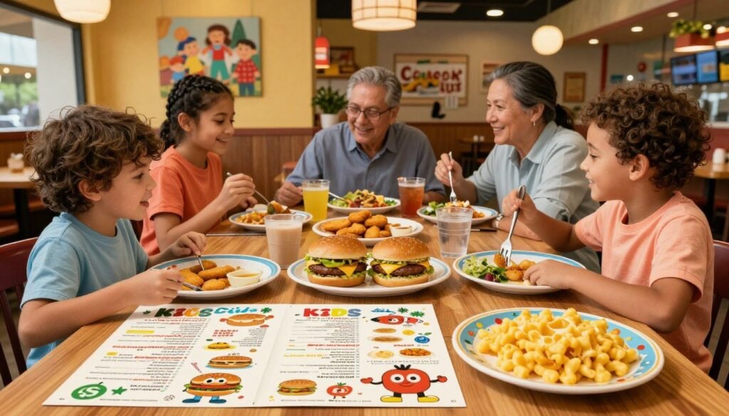 A vibrant and inviting Applebee's Kids Menu laid out on a wooden table, featuring colorful illustrations of kid-friendly meals like mini cheeseburgers, chicken tenders, and Mac & Cheese. In the foreground, a cheerful plate adorned with a cartoon character design captures the essence of fun dining for kids. The middle ground showcases a family happily enjoying their meal together, all dressed in casual, modest attire, smiling and engaging with one another. In the background, the Applebee's restaurant ambiance is created with warm lighting and family-friendly decor, including playful wall art and cozy seating. The scene conveys a welcoming atmosphere, emphasizing a joyful family dining experience. Use a slightly elevated angle for a more immersive view, focusing on the delicious food and the happy interactions.