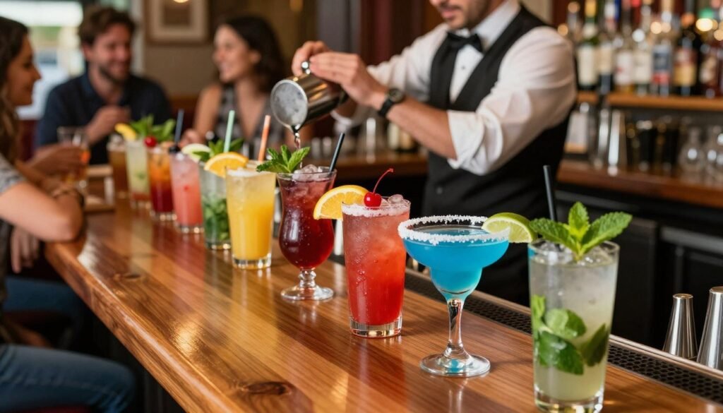 A vibrant and inviting bar scene at Applebee's during happy hour, showcasing an array of colorful drink specials on a polished wooden bar counter. In the foreground, a selection of signature cocktails garnished with fresh fruit and herbs, including a bright red cocktail with a cherry, a blue margarita rimmed with salt, and a classic mojito with mint leaves. The middle section features a bartender in smart casual attire, skillfully mixing drinks, while in the background, soft lighting casts a warm glow, illuminating the social atmosphere filled with patrons enjoying their drinks. The angle should be slightly tilted to convey a lively ambiance, with hints of cheerful chatter and laughter adding to the overall joyful mood of the scene. A vibrant and inviting bar scene at Applebee's during happy hour, showcasing an array of colorful drink specials on a polished wooden bar counter. In the foreground, a selection of signature cocktails garnished with fresh fruit and herbs, including a bright red cocktail with a cherry, a blue margarita rimmed with salt, and a classic mojito with mint leaves. The middle section features a bartender in smart casual attire, skillfully mixing drinks, while in the background, soft lighting casts a warm glow, illuminating the social atmosphere filled with patrons enjoying their drinks. The angle should be slightly tilted to convey a lively ambiance, with hints of cheerful chatter and laughter adding to the overall joyful mood of the scene.