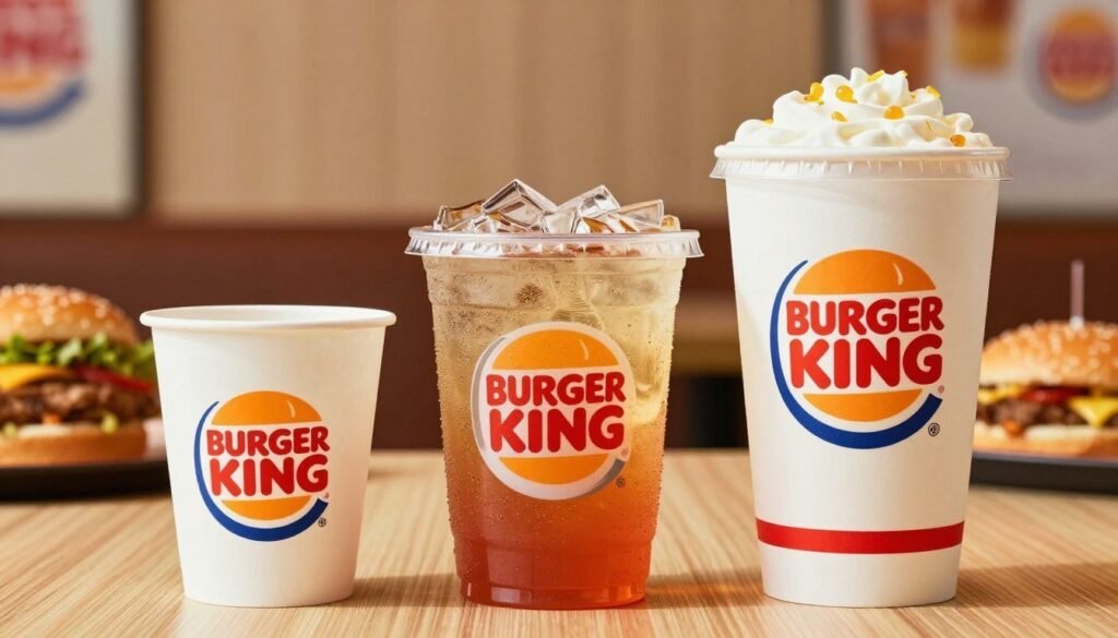 A vibrant and inviting display of three distinctive Burger King drink sizes: a small, medium, and large beverage cup, prominently placed in the foreground. Each cup is adorned with the recognizable Burger King logo, showcasing their eye-catching colors and designs. The middle ground features a warm, well-lit restaurant setting with subtle hints of food items blurred in the background, enhancing the focus on the drinks. The lighting is bright and cheerful, creating a refreshing atmosphere, with soft shadows adding depth. The angle should be slightly elevated to capture all details of the cups, emphasizing size differences. The mood is lively and appetizing, perfect for showcasing the refreshing beverage options available at Burger King. A vibrant and inviting display of three distinctive Burger King drink sizes: a small, medium, and large beverage cup, prominently placed in the foreground. Each cup is adorned with the recognizable Burger King logo, showcasing their eye-catching colors and designs. The middle ground features a warm, well-lit restaurant setting with subtle hints of food items blurred in the background, enhancing the focus on the drinks. The lighting is bright and cheerful, creating a refreshing atmosphere, with soft shadows adding depth. The angle should be slightly elevated to capture all details of the cups, emphasizing size differences. The mood is lively and appetizing, perfect for showcasing the refreshing beverage options available at Burger King.