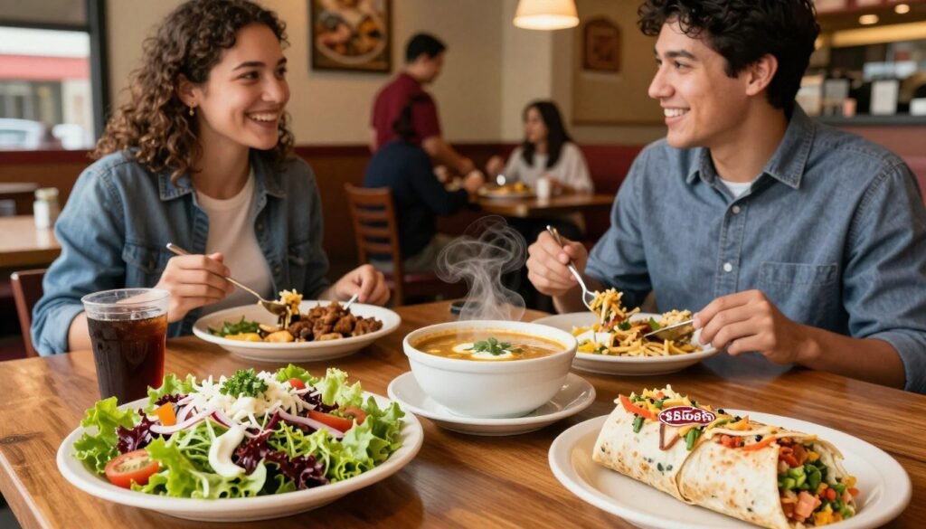 A vibrant and inviting lunch table featuring a variety of affordable meal options, prominently showcasing Applebee's $5.99 lunch menu items. In the foreground, display a beautifully plated salad, a steaming bowl of soup, and a colorful wrap, all garnished attractively. In the middle ground, include a cheerful lunch setting with a couple of diners in business casual attire enjoying their meals, smiling and engaged in conversation. The background shows a cozy restaurant ambiance with warm lighting, wooden tables, and friendly staff attending to customers. Capture the scene with a slight depth of field, focusing on the lunch dishes while softly blurring the background, enhancing the sense of a relaxed dining experience. The overall mood is friendly, inviting, and budget-conscious, perfect for a midday break.