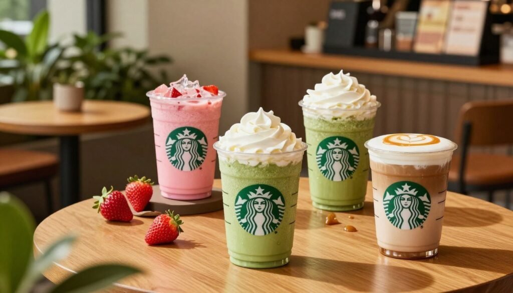 A vibrant composition showcasing a variety of Starbucks secret menu drinks. In the foreground, display three unique beverages with colorful layers: a pink drink with fresh strawberries, a green matcha frappuccino topped with whipped cream, and a rich caramel macchiato with a drizzle of caramel. In the middle, include a well-organized small table with a stylish coffee shop background, featuring green plants and an inviting atmosphere with soft, warm lighting. The lighting should create a cozy and welcoming ambiance, casting gentle shadows and highlights on the drinks. Use a slightly blurred background to emphasize the drinks in the foreground, giving a professional and polished look. The mood should be cheerful and trendy, appealing to coffee enthusiasts and those curious about secret Starbucks offerings.