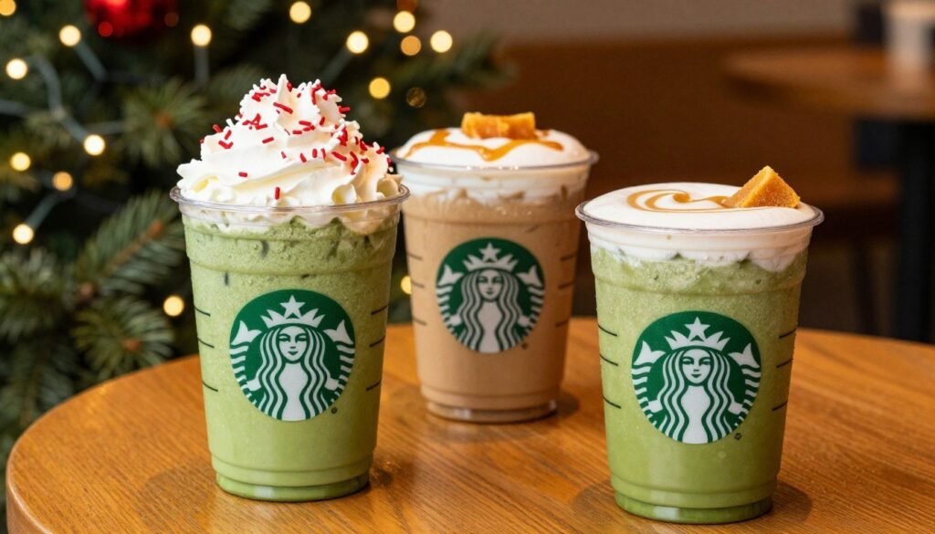 A vibrant display of Starbucks seasonal drinks on a wooden table, featuring a rich, green iced peppermint mocha with whipped cream and festive red and white sprinkles in the foreground. Beside it, a warm caramel brulée latte with a drizzling of caramel sauce, topped with a golden-brown caramel shard. In the middle, a cozy holiday atmosphere with a backdrop of softly twinkling fairy lights and a hint of fir branches, evoking a seasonal feel. The lighting is warm and inviting, as if illuminated by the soft glow of the café interior. The composition is focused from a slightly elevated angle to capture the details of the drinks, enhancing the festive mood perfect for the holiday season.