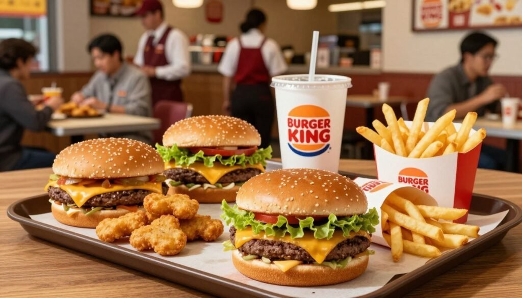 A vibrant display of the Burger King value menu featuring an assortment of affordable items like the classic cheeseburger, chicken nuggets, and fries, neatly arranged on a wooden tray. In the foreground, focus on a deliciously stacked burger with melted cheese and fresh lettuce, paired with crispy golden fries. The middle ground showcases the iconic Burger King packaging, with a drink beside the tray. In the background, a bustling fast-food restaurant atmosphere with friendly staff wearing professional uniforms and customers enjoying their meals. Soft, warm lighting enhances the inviting feel of the scene, shot from a slight bird's eye view to capture the food details effectively. The overall mood conveys affordability, satisfaction, and community. A vibrant display of the Burger King value menu featuring an assortment of affordable items like the classic cheeseburger, chicken nuggets, and fries, neatly arranged on a wooden tray. In the foreground, focus on a deliciously stacked burger with melted cheese and fresh lettuce, paired with crispy golden fries. The middle ground showcases the iconic Burger King packaging, with a drink beside the tray. In the background, a bustling fast-food restaurant atmosphere with friendly staff wearing professional uniforms and customers enjoying their meals. Soft, warm lighting enhances the inviting feel of the scene, shot from a slight bird's eye view to capture the food details effectively. The overall mood conveys affordability, satisfaction, and community.