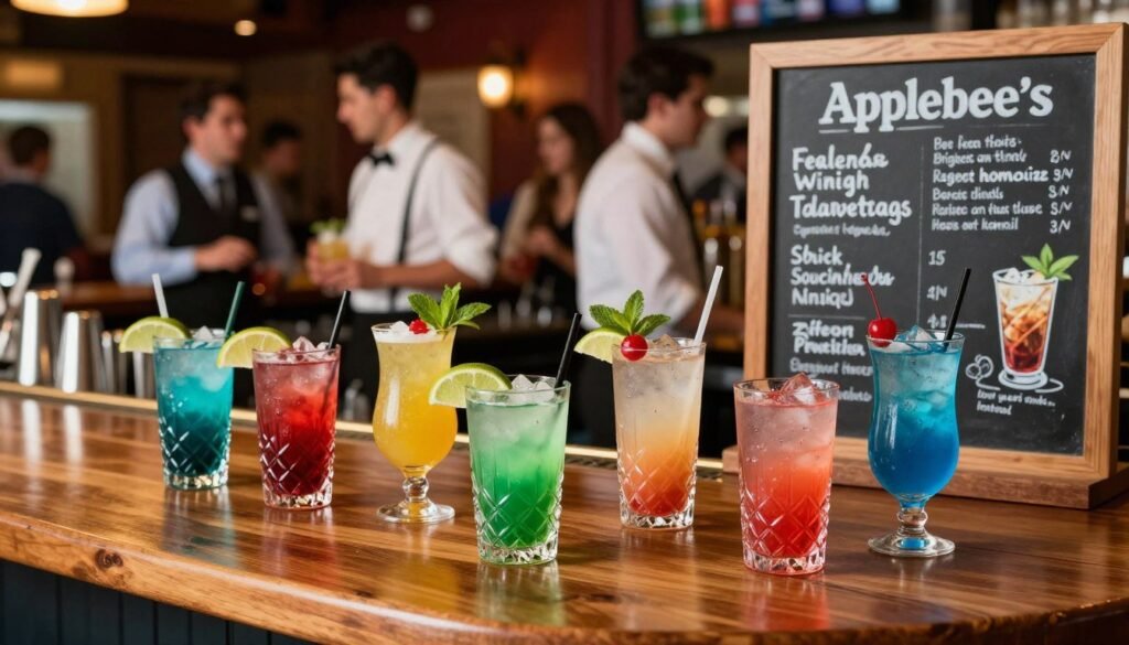 A vibrant, inviting Applebee's bar scene featuring an array of colorful drink specials displayed on a polished wooden countertop. In the foreground, beautifully arranged cocktails with garnishes like lime wedges, cherries, and mint sprigs in crystal-clear glasses, showcasing a variety of vibrant colors such as green, red, and blue. The middle ground includes a chalkboard menu creatively illustrating drink deals, with enticing visuals of each beverage. In the background, a softly lit bar with friendly staff wearing smart casual uniforms serving drinks, enhancing the lively atmosphere. The warm, cozy lighting creates a welcoming mood, with a slight bokeh effect to focus on the drinks while subtly capturing the ambiance of a bustling restaurant.