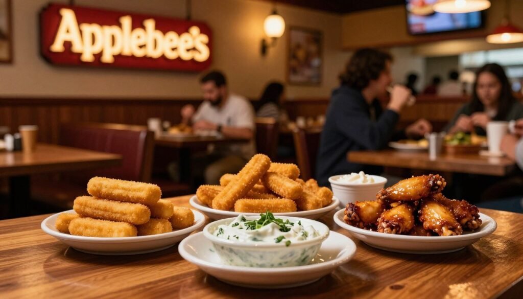 A vibrant scene depicting a close-up view of Applebee's late-night half-price appetizer specials. In the foreground, an enticing spread of mouthwatering appetizers including mozzarella sticks, chicken wings, and spinach dip is artfully arranged on a polished wooden table. The middle layer showcases a cozy booth setting with rich, warm lighting that creates a welcoming atmosphere, inviting customers to indulge in the specials. In the background, softly blurred visuals of the Applebee's restaurant logo and other diners enjoying their meals enhance the ambiance. The overall mood is relaxed and social, capturing the essence of a lively, late-night dining experience, photographed with natural lighting for an inviting glow.