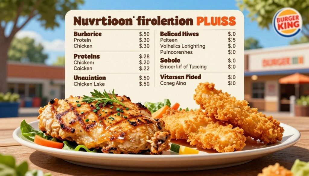 A visually appealing depiction of a Burger King nutritional information chart featuring nutritious chicken and fish options. In the foreground, showcase a detailed plate of grilled chicken and a side of crispy fish fillets, garnished with fresh herbs and colorful vegetables. In the middle, present an illustrated nutritional information chart, clearly displaying calories, protein, and vitamins, with a clean layout for easy reading. The background should consist of a sunny outdoor Burger King setting, with a bright blue sky and green trees, creating a vibrant atmosphere. Use soft, natural lighting to enhance the freshness of the food, captured at eye level to create an inviting and engaging mood. The image must be free of any labels, logos, or text. A visually appealing depiction of a Burger King nutritional information chart featuring nutritious chicken and fish options. In the foreground, showcase a detailed plate of grilled chicken and a side of crispy fish fillets, garnished with fresh herbs and colorful vegetables. In the middle, present an illustrated nutritional information chart, clearly displaying calories, protein, and vitamins, with a clean layout for easy reading. The background should consist of a sunny outdoor Burger King setting, with a bright blue sky and green trees, creating a vibrant atmosphere. Use soft, natural lighting to enhance the freshness of the food, captured at eye level to create an inviting and engaging mood. The image must be free of any labels, logos, or text.