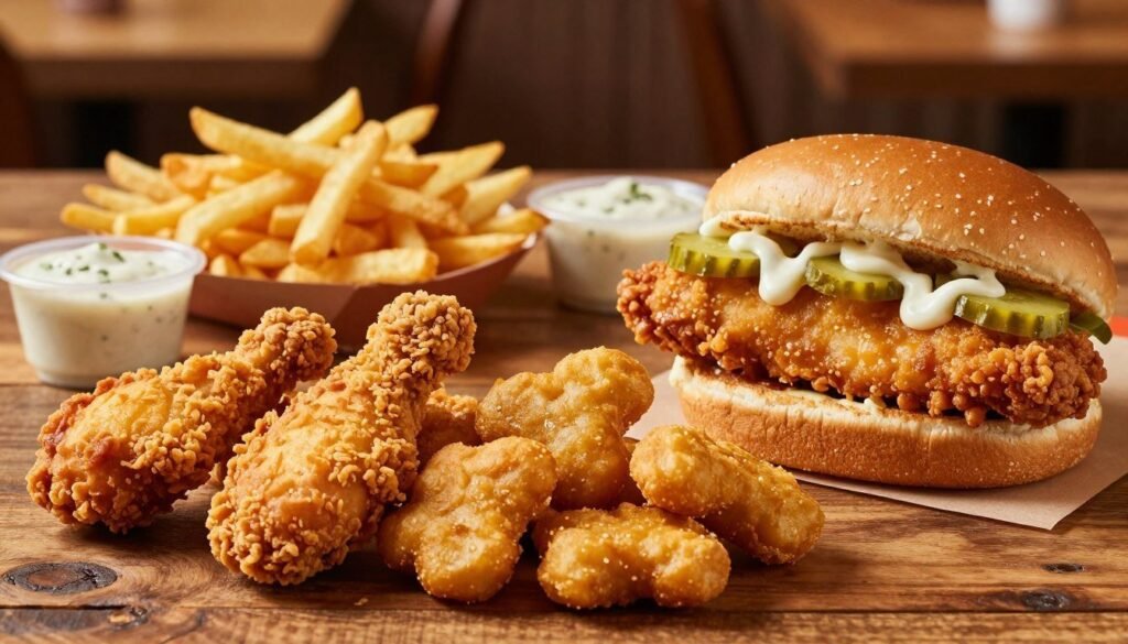 A visually appealing display of Burger King’s secret chicken and fish menu items. In the foreground, a beautifully arranged platter featuring crispy fried chicken tenders, spicy chicken nuggets, and a fish sandwich garnished with tartar sauce and pickles. The middle ground includes a rustic wooden table with a side of seasoned fries and a delicious dipping sauce. In the background, soft, warm lighting creates a cozy fast-food restaurant atmosphere, highlighting the golden colors of the food. The angle is slightly above eye level, giving an inviting view of the delicious dishes. The mood is casual and appetizing, enticing viewers to explore these hidden menu options. No text, logos, or distractions in the image.