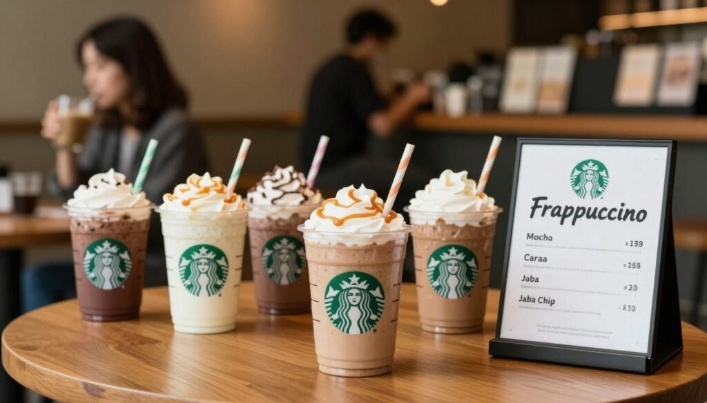 A visually appealing layout of Starbucks Frappuccino drinks arranged on a wooden table, featuring a variety of flavors such as Mocha, Caramel, and Java Chip in clear cups with colorful straws. In the foreground, a sleek menu board displays attractive pricing, highlighting prices in a stylish font, with subtle highlights to emphasize their value. The middle section features a cozy coffee shop atmosphere, with blurred customers in the background enjoying their drinks. Soft, warm lighting creates a welcoming ambiance, while expert use of bokeh effects gently removes distractions from the backdrop. The overall mood is relaxed and inviting, perfect for showcasing the delicious choices available to Frappuccino lovers. A visually appealing layout of Starbucks Frappuccino drinks arranged on a wooden table, featuring a variety of flavors such as Mocha, Caramel, and Java Chip in clear cups with colorful straws. In the foreground, a sleek menu board displays attractive pricing, highlighting prices in a stylish font, with subtle highlights to emphasize their value. The middle section features a cozy coffee shop atmosphere, with blurred customers in the background enjoying their drinks. Soft, warm lighting creates a welcoming ambiance, while expert use of bokeh effects gently removes distractions from the backdrop. The overall mood is relaxed and inviting, perfect for showcasing the delicious choices available to Frappuccino lovers.