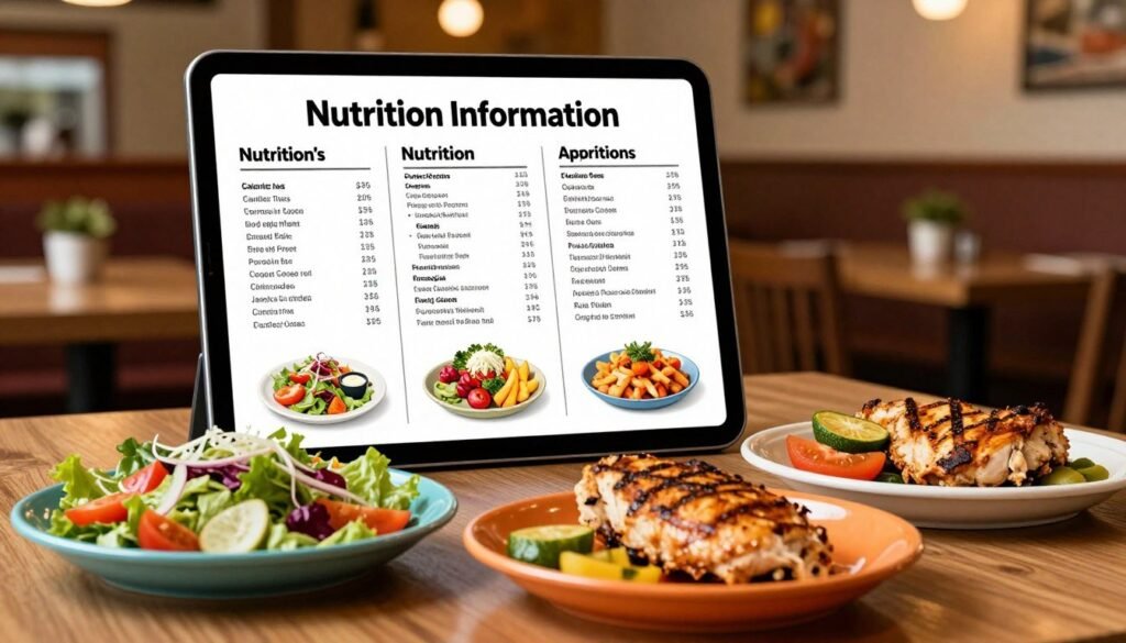 A visually engaging layout of Applebee's nutrition information, featuring a detailed menu with various balanced meal options designed to appeal to health-conscious diners. In the foreground, a well-organized table displays colorful plates of food, including a vibrant salad, grilled chicken, and a side of seasonal vegetables, all artistically arranged. In the middle, a sleek tablet showcases clear nutrition facts next to the dishes, with vibrant visuals emphasizing calories, protein, and other key nutrients. The background features a cozy restaurant ambiance with warm lighting, wooden accents, and soft-focus seating, conveying a welcoming atmosphere. The overall mood is friendly and informative, perfect for encouraging healthy dining choices.