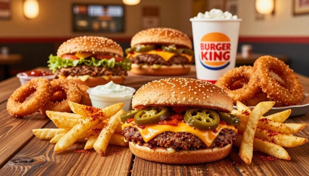 A visually striking image of a Burger King Fiery Menu spread showcasing an array of vibrant, spicy menu items, emphasizing the heat and flavor. In the foreground, a perfectly grilled spicy burger with fiery jalapeños and melted cheese, surrounded by crispy fries sprinkled with chili seasoning. In the middle ground, a colorful selection of sides like spicy onion rings and a tangy dipping sauce, all set on a rustic wooden table. The background features a warm, inviting fast-food restaurant ambiance with soft golden lighting that highlights the deliciousness of the spread. Capture the mood of excitement and flavor adventure, using a close-up angle to draw attention to the textures and vibrant colors of the food, while keeping the scene appetizing and enticing. A visually striking image of a Burger King Fiery Menu spread showcasing an array of vibrant, spicy menu items, emphasizing the heat and flavor. In the foreground, a perfectly grilled spicy burger with fiery jalapeños and melted cheese, surrounded by crispy fries sprinkled with chili seasoning. In the middle ground, a colorful selection of sides like spicy onion rings and a tangy dipping sauce, all set on a rustic wooden table. The background features a warm, inviting fast-food restaurant ambiance with soft golden lighting that highlights the deliciousness of the spread. Capture the mood of excitement and flavor adventure, using a close-up angle to draw attention to the textures and vibrant colors of the food, while keeping the scene appetizing and enticing.