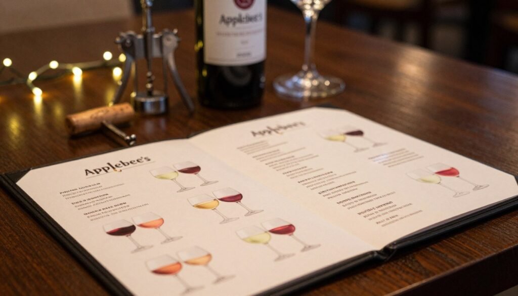 An elegant display of an Applebee's wine list arranged on a dark wooden table, with a softly lit ambiance creating a warm, inviting atmosphere. In the foreground, a neatly printed wine menu is partially open, showcasing an array of wine selections including red, white, and rosé options, illustrated with small wine glasses filled with different colors of wine beside it. In the middle, a few decorative items like a corkscrew and wine bottle can be seen, enhancing the theme. The background subtly features a hint of an Applebee's restaurant interior, with warm string lights twinkling softly, adding to the cozy and relaxed mood. The lighting is soft and diffuse, emulating the intimate dining experience typical of the restaurant. An elegant display of an Applebee's wine list arranged on a dark wooden table, with a softly lit ambiance creating a warm, inviting atmosphere. In the foreground, a neatly printed wine menu is partially open, showcasing an array of wine selections including red, white, and rosé options, illustrated with small wine glasses filled with different colors of wine beside it. In the middle, a few decorative items like a corkscrew and wine bottle can be seen, enhancing the theme. The background subtly features a hint of an Applebee's restaurant interior, with warm string lights twinkling softly, adding to the cozy and relaxed mood. The lighting is soft and diffuse, emulating the intimate dining experience typical of the restaurant.