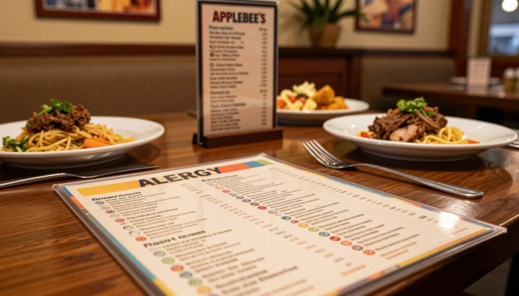 An inviting dining table at Applebee's, showcasing a neatly arranged allergy menu in a warm, ambient setting. In the foreground, focus on the colorful allergy menu printed on high-quality paper, listing various allergy-friendly dishes with clear symbols for common allergens like nuts, gluten, and dairy. The middle ground features a cozy booth with a menu holder, surrounded by appetizing dishes on plates, elegantly presented, emphasizing freshness and variety. Soft, warm lighting illuminates the scene, casting gentle shadows to enhance the inviting atmosphere. In the background, glimpses of Applebee's signature decor can be seen, with tasteful wall art and plants contributing to a friendly, safe dining environment. The overall mood conveys comfort and assurance, ideal for guests with food allergies looking for safe dining options. An inviting dining table at Applebee's, showcasing a neatly arranged allergy menu in a warm, ambient setting. In the foreground, focus on the colorful allergy menu printed on high-quality paper, listing various allergy-friendly dishes with clear symbols for common allergens like nuts, gluten, and dairy. The middle ground features a cozy booth with a menu holder, surrounded by appetizing dishes on plates, elegantly presented, emphasizing freshness and variety. Soft, warm lighting illuminates the scene, casting gentle shadows to enhance the inviting atmosphere. In the background, glimpses of Applebee's signature decor can be seen, with tasteful wall art and plants contributing to a friendly, safe dining environment. The overall mood conveys comfort and assurance, ideal for guests with food allergies looking for safe dining options.