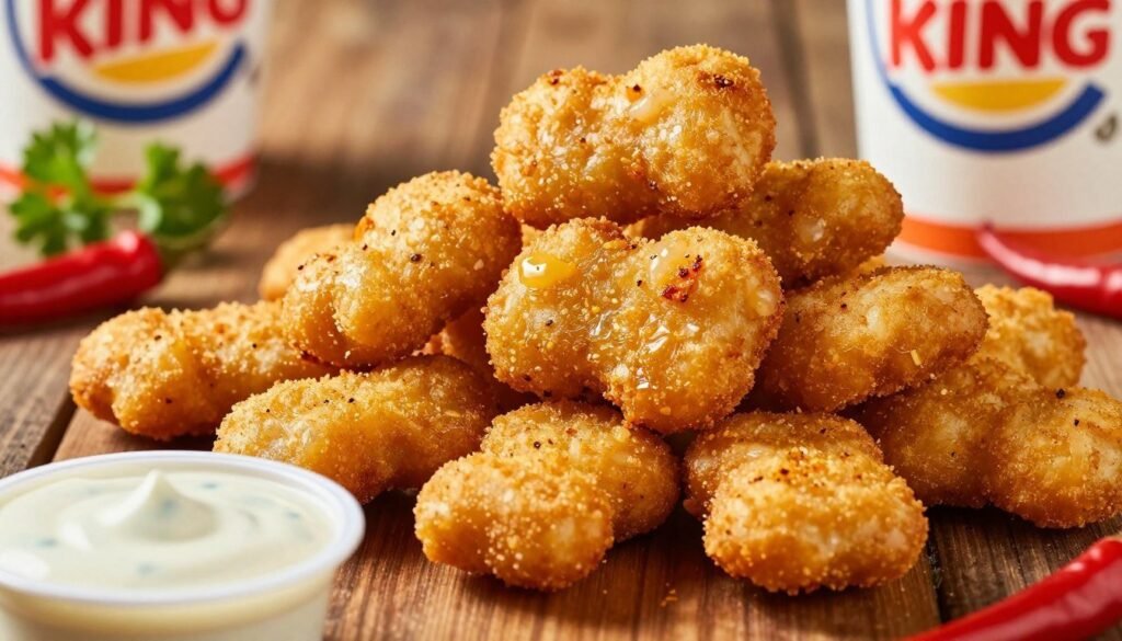 Close-up of a pile of Burger King Fiery Chicken Nuggets, showcasing their crispy, golden-brown exterior with a slight sheen of spicy seasoning glistening under soft, warm lighting. The foreground features a dipping sauce, possibly tangy ranch or fiery buffalo, in a small cup, ready for dipping. In the middle, a rustic wooden table provides a textured surface, while scattered whole chili peppers and fresh green herbs add vibrant colors. In the background, an out-of-focus glimpse of a Burger King restaurant sign suggests a fast-food setting. The mood is lively and inviting, appealing to spicy food lovers. The angle is slightly overhead, emphasizing the delicious details while maintaining a warm and enticing atmosphere. Close-up of a pile of Burger King Fiery Chicken Nuggets, showcasing their crispy, golden-brown exterior with a slight sheen of spicy seasoning glistening under soft, warm lighting. The foreground features a dipping sauce, possibly tangy ranch or fiery buffalo, in a small cup, ready for dipping. In the middle, a rustic wooden table provides a textured surface, while scattered whole chili peppers and fresh green herbs add vibrant colors. In the background, an out-of-focus glimpse of a Burger King restaurant sign suggests a fast-food setting. The mood is lively and inviting, appealing to spicy food lovers. The angle is slightly overhead, emphasizing the delicious details while maintaining a warm and enticing atmosphere.