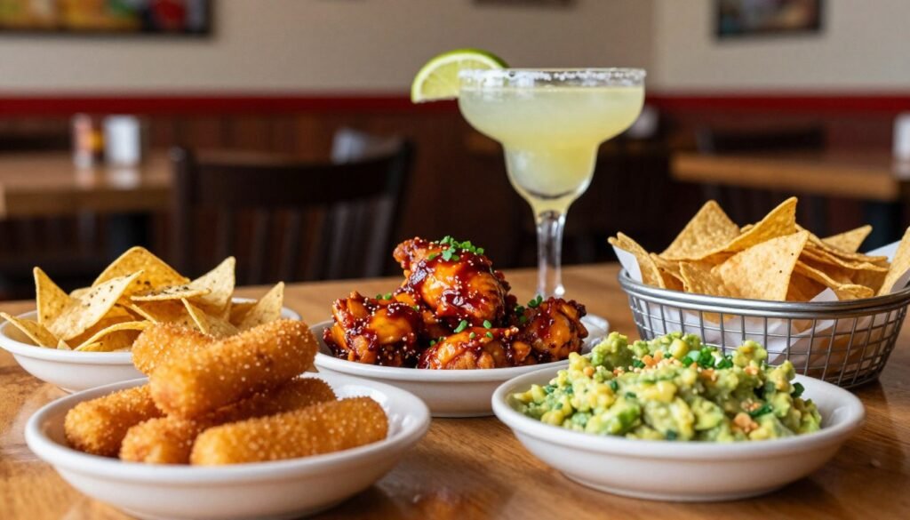 A beautifully arranged table featuring a selection of Chili's Happy Hour food options, including crispy mozzarella sticks, spicy chicken bites, and freshly made guacamole with tortilla chips. The foreground highlights vibrant, appetizing dishes, with textures emphasized by soft, natural lighting. In the middle, a chilled margarita and a basket of tortilla chips nestled next to the food items add to the atmosphere. The background subtly showcases a cozy Chili's restaurant setting, with warm, inviting colors and ambiance. Use a shallow depth of field to focus on the food, blurring the background slightly. Capture the mood of excitement and relaxation, creating an inviting scene perfect for Happy Hour dining. The shot is taken at eye level, emphasizing the delicious appeal of the food. A beautifully arranged table featuring a selection of Chili's Happy Hour food options, including crispy mozzarella sticks, spicy chicken bites, and freshly made guacamole with tortilla chips. The foreground highlights vibrant, appetizing dishes, with textures emphasized by soft, natural lighting. In the middle, a chilled margarita and a basket of tortilla chips nestled next to the food items add to the atmosphere. The background subtly showcases a cozy Chili's restaurant setting, with warm, inviting colors and ambiance. Use a shallow depth of field to focus on the food, blurring the background slightly. Capture the mood of excitement and relaxation, creating an inviting scene perfect for Happy Hour dining. The shot is taken at eye level, emphasizing the delicious appeal of the food.