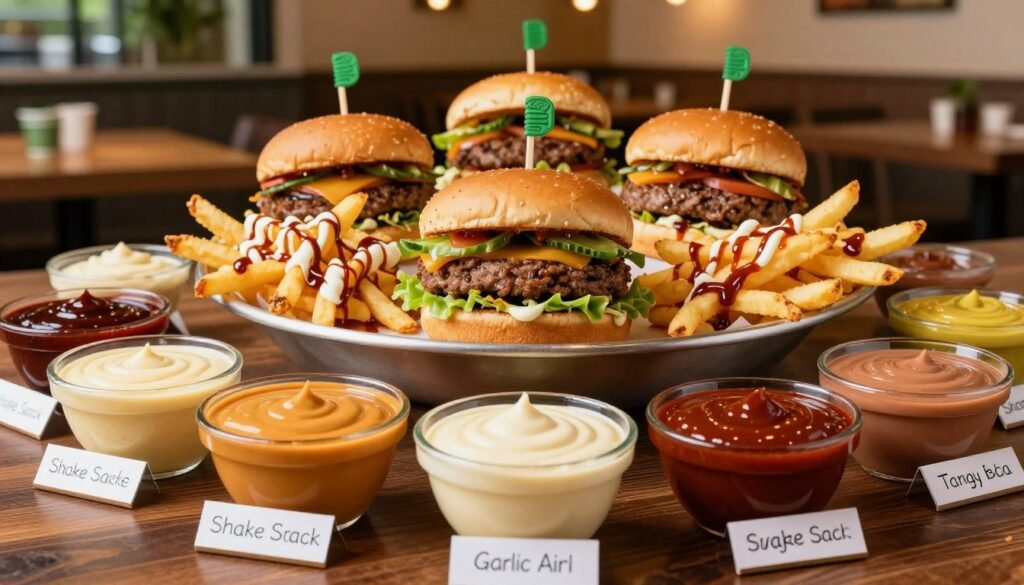 A beautifully arranged table featuring an assortment of Shake Shack secret sauce combinations. In the foreground, vibrant small bowls of sauces like spicy mayo, garlic aioli, and tangy BBQ are artfully displayed, each labeled with unique ingredients. The middle layer showcases a variety of classic Shake Shack burgers and fries, artistically drizzled with the sauces to create a mouthwatering visual. The background includes soft-focus elements of a bustling Shake Shack restaurant, with warm lighting casting a cozy glow. The composition is shot from a slightly elevated angle, highlighting the textures and colors of the food. The overall mood is inviting and indulgent, emphasizing the creativity of these condiment hacks.