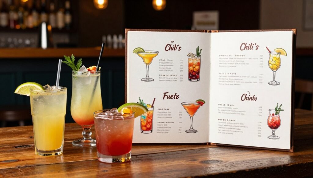 A beautifully designed, elegant menu showcasing Chili's secret drink offerings. In the foreground, a rustic wooden table holds vibrant cocktails in colorful glasses, featuring thematic lemonade and margarita mashups with garnishes like fresh fruit and herbs. The middle section displays an open menu with artistic illustrations of various custom cocktails, inviting viewers to explore hidden drink options. The background features a softly lit bar setting with warm ambient lighting, creating an inviting atmosphere. The focus should be on the cocktail glasses and menu, with a shallow depth of field to blur the bar in the background. Aim for a cozy, upscale vibe, encouraging a sense of discovery and indulgence. A beautifully designed, elegant menu showcasing Chili's secret drink offerings. In the foreground, a rustic wooden table holds vibrant cocktails in colorful glasses, featuring thematic lemonade and margarita mashups with garnishes like fresh fruit and herbs. The middle section displays an open menu with artistic illustrations of various custom cocktails, inviting viewers to explore hidden drink options. The background features a softly lit bar setting with warm ambient lighting, creating an inviting atmosphere. The focus should be on the cocktail glasses and menu, with a shallow depth of field to blur the bar in the background. Aim for a cozy, upscale vibe, encouraging a sense of discovery and indulgence.