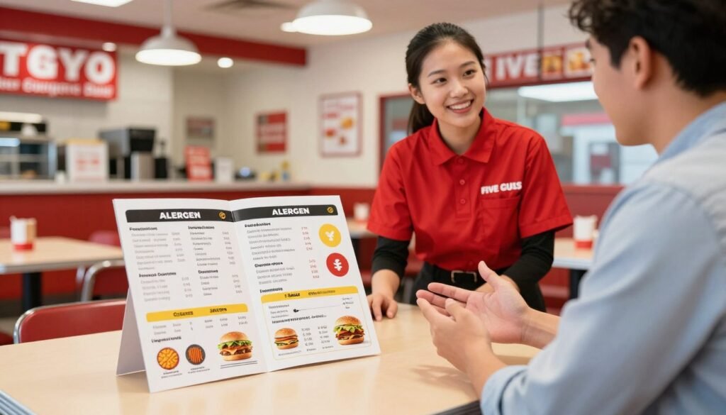 A clean, inviting Five Guys restaurant interior featuring a table with an open allergen information brochure prominently displayed in the foreground. The brochure shows clear sections for various allergens, colorful icons for easy identification, and an appealing layout. In the middle ground, a professional-looking staff member wearing a red Five Guys uniform is engaged in a friendly conversation with a customer, who appears attentive and is gesturing to their allergies, suggesting a clear and informative dialogue. The background showcases the vibrant decor of the restaurant, with bright lighting illuminating the space, emanating a warm and welcoming atmosphere. The scene captures a moment of effective communication, promoting safe ordering practices in a casual dining environment.